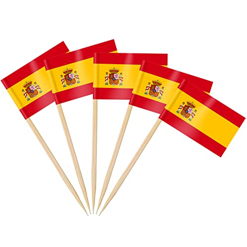 AhfuLife 100200pcs Spain Toothpick Flags Cake Toppers for Olympic Decorations Spanish Cocktail Stick Flag for Sandwich Food Cupcake Toppers Tableware World Cup Party Supplies Decor 100 Pcs