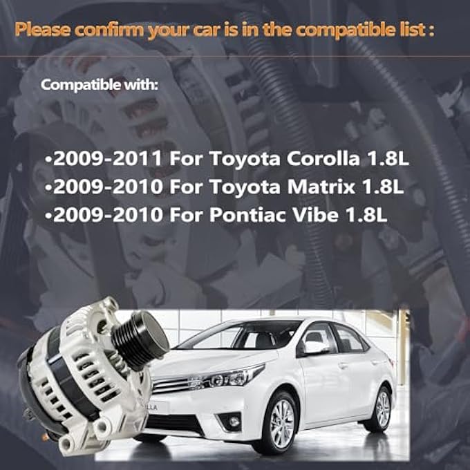 FFFauto Alternator Compatible with 2009-2013 Corolla 1.8L for 2009-2010 Matrix 1.8L for 2009-2010 Pontiac Vibe 1.8L,104210-5490,104210-5491,11386 - Image 2
