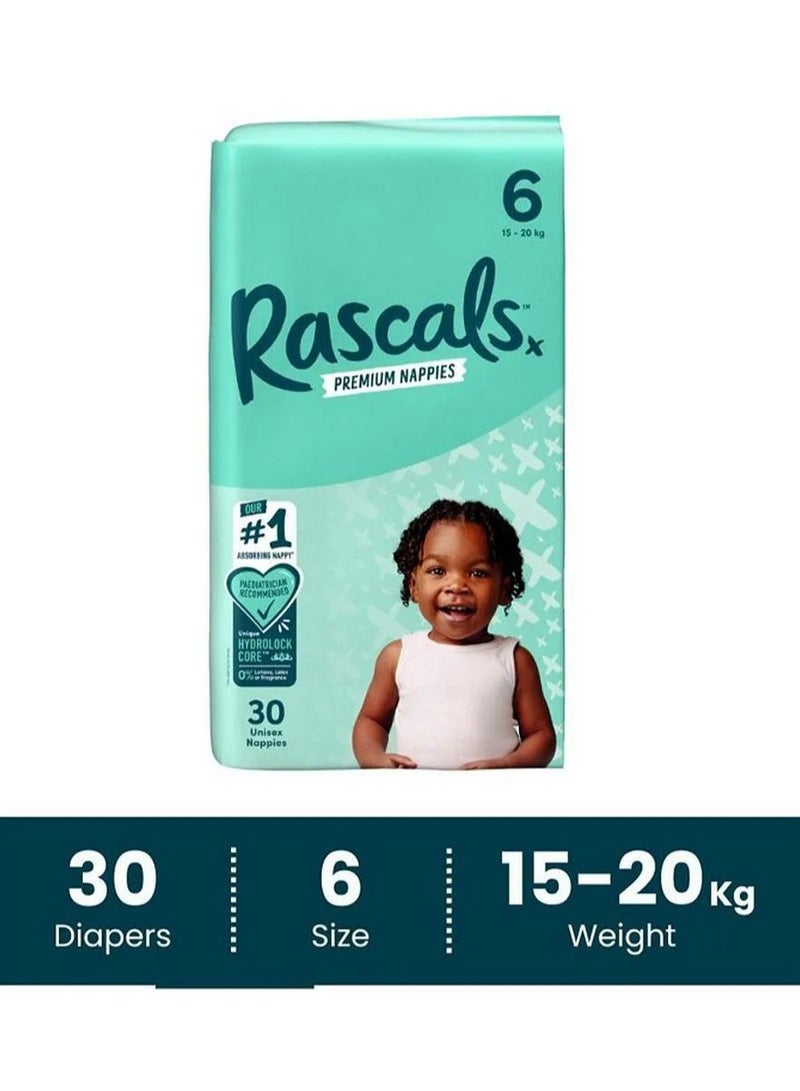 Rascals Tape Style Premium Diaper Nappies, With Fastest Absorption By Hydrolock Core With Triple Leak Guard And Wetness Indicator, Size 6, XXL - 30 Pieces
