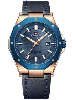 Men's Quartz Watch with Rose Gold Stainless Steel Case, Blue Dial, Leather Strap, and Water-Resistant Design for Business and Casual Wear