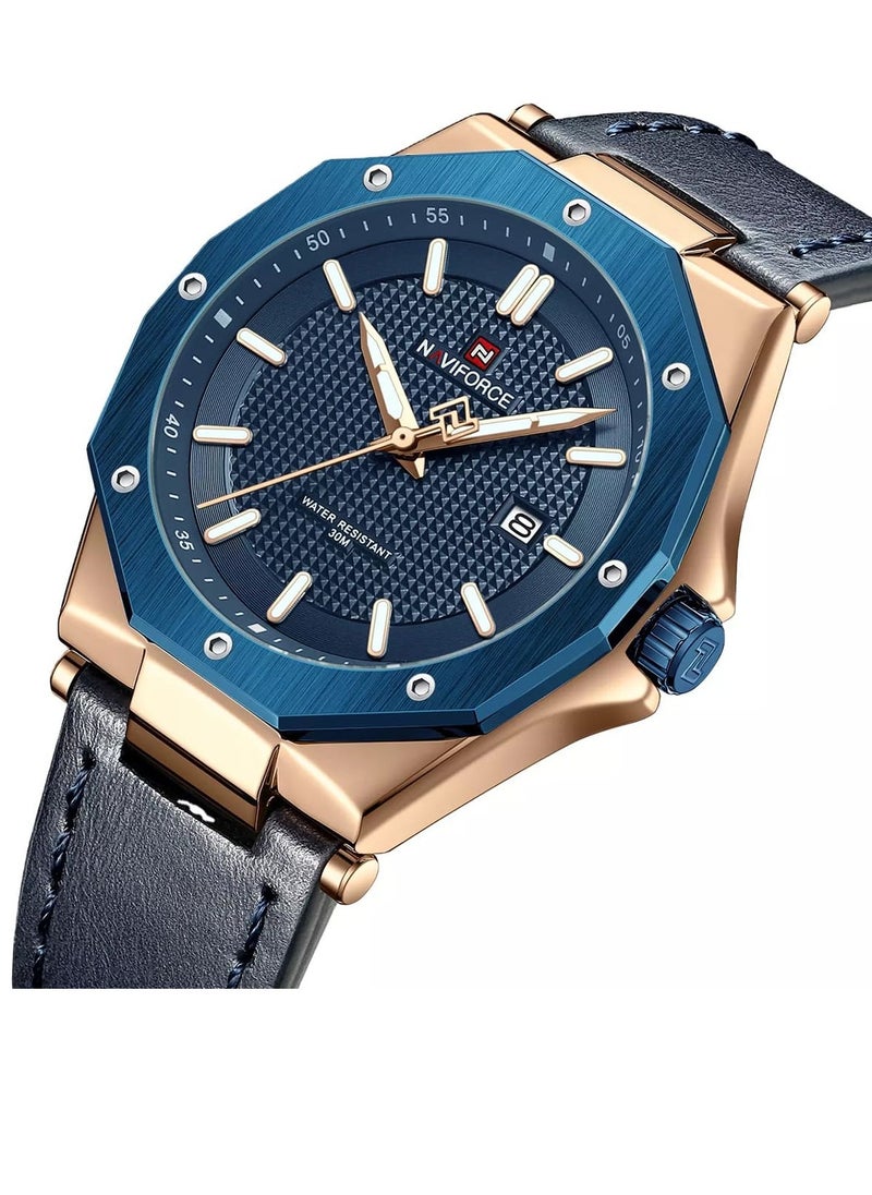 NAVIFORCE - Men's Quartz Watch with Rose Gold Stainless Steel Case, Blue Dial, Leather Strap, and Water-Resistant Design for Business and Casual Wear - Image 1
