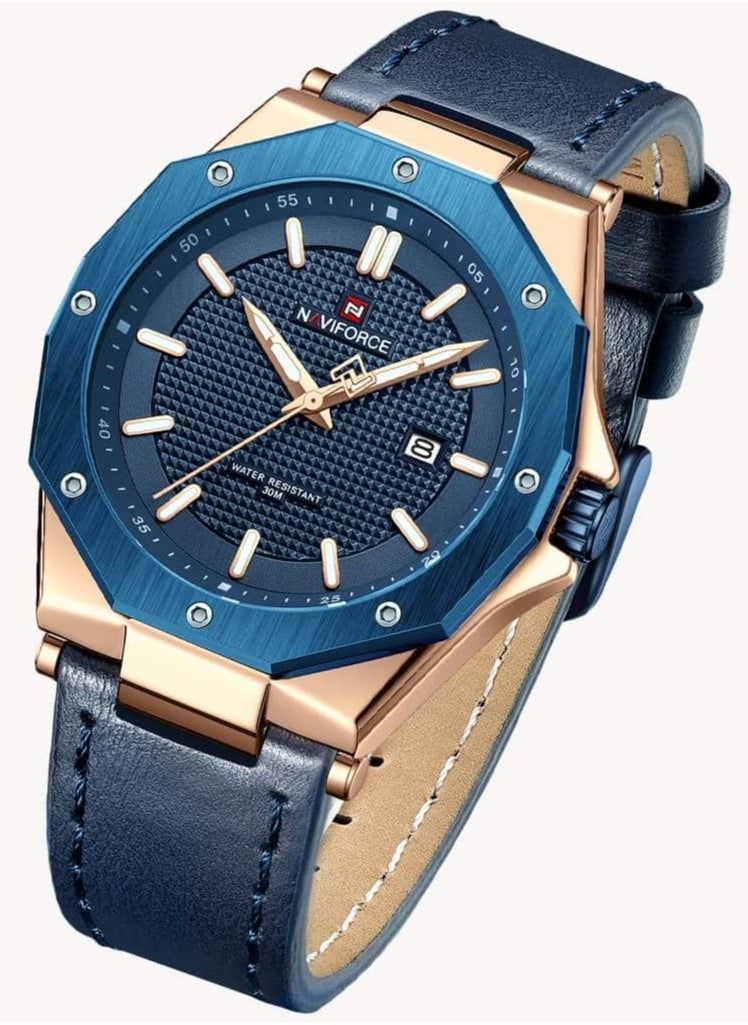 NAVIFORCE - Men's Quartz Watch with Rose Gold Stainless Steel Case, Blue Dial, Leather Strap, and Water-Resistant Design for Business and Casual Wear - Image 1