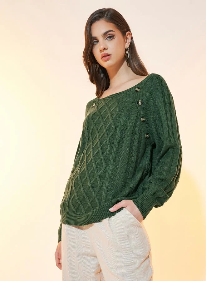 Take Two Relaxed Fit Cable Knit Sweater with Button Detail