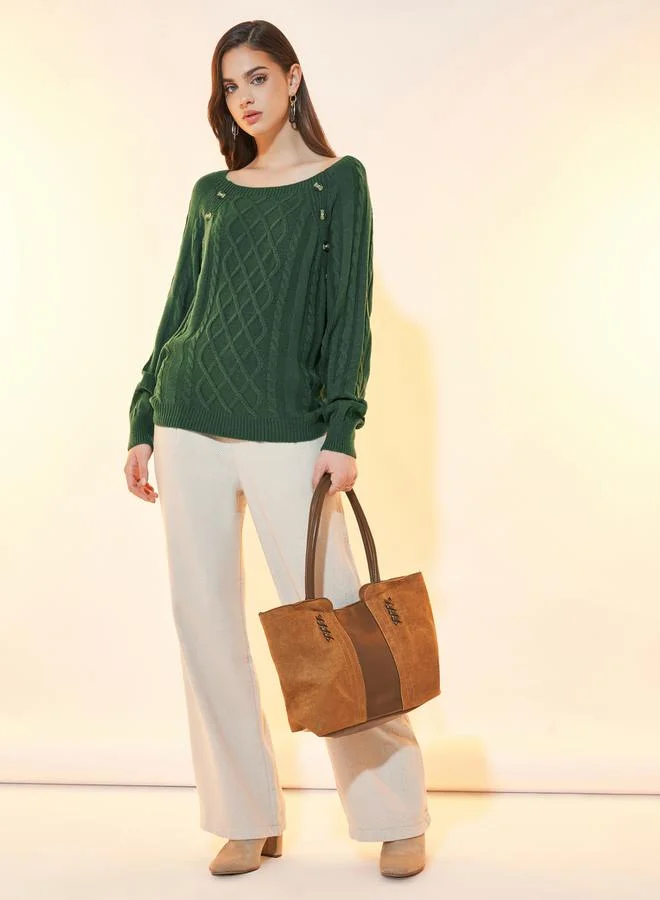 Take Two Relaxed Fit Cable Knit Sweater with Button Detail