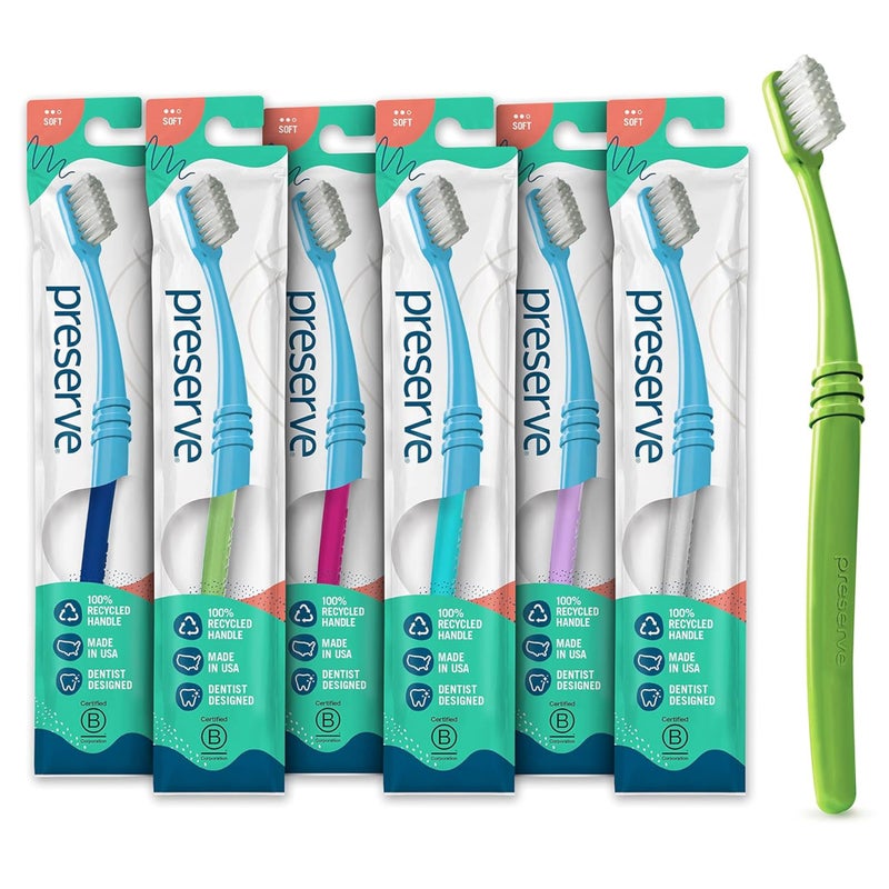 Preserve Eco Friendly Adult Toothbrushes Made in The USA from Recycled Plastic Lightweight Package Soft Bristles Colors Vary 6 Pack