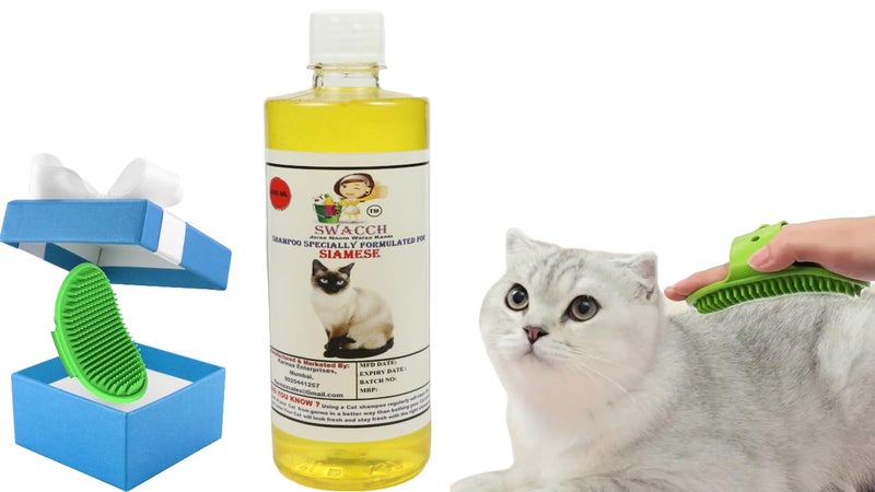 Swacch Siamese Cat Shampoo -500ml (Lemon) + Bath Brush with Adjustable Straps Combo Pack - Image 1