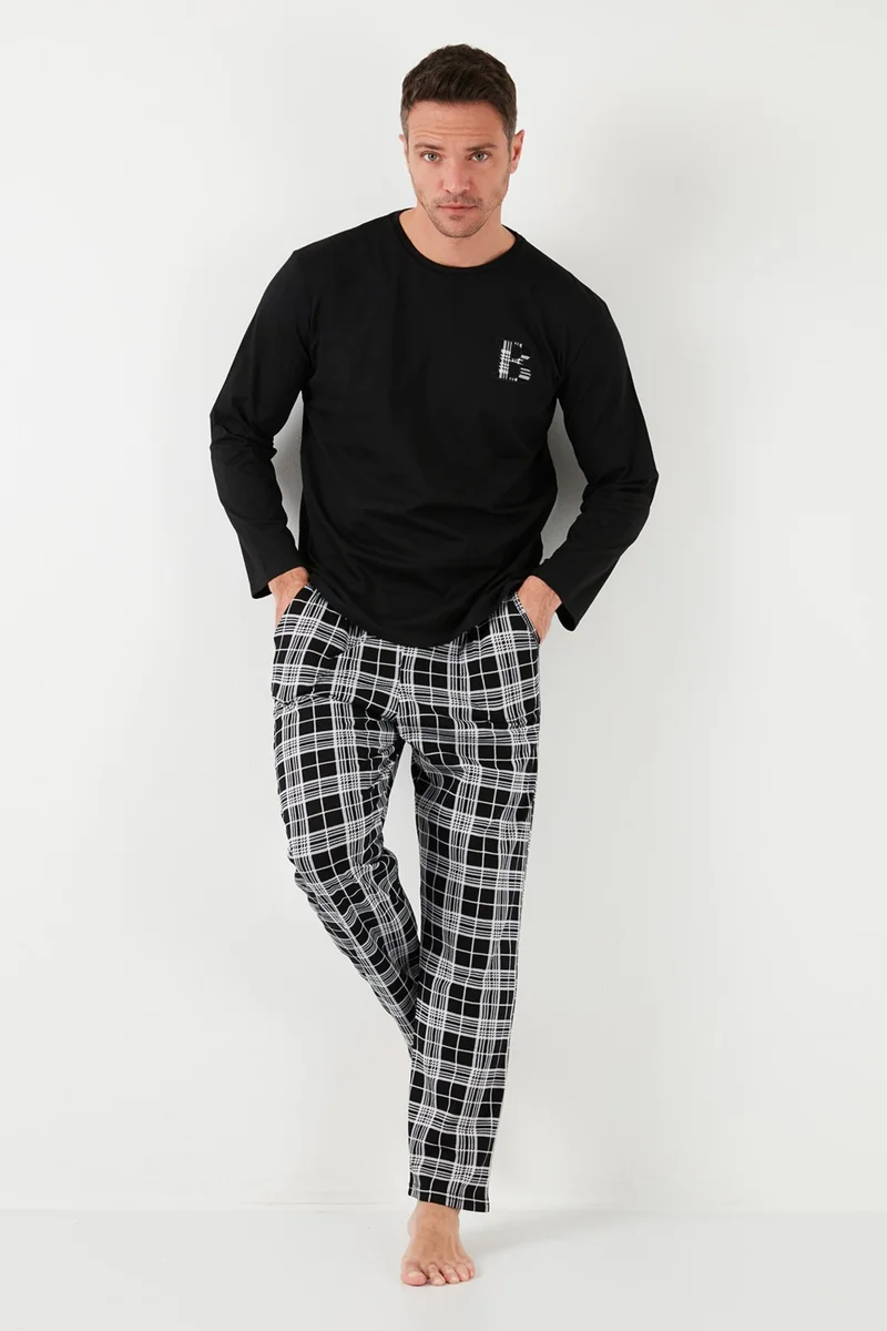 بوراتي Cotton Regular Fit Long Sleeve Men's Pajama Set with Elastic Waist 6572007