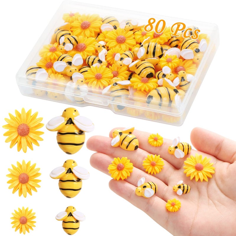 CCOZN 80 Pieces Tiny Resin Bees Daisy Flowers Flatback Daisy Flowers Bumble Bees Embellishment Bee Decors with Box DIY Wreath Cake Decorations Flowers Bee for Crafts Two Groovy Party Decor