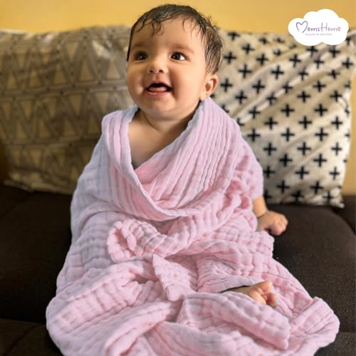 MOM'S HOME Cotton Baby Super Soft Absorbent Muslin 6 Layer Wash Towel- 100X100 CM - (0-3 Years)- Pink - Image 5