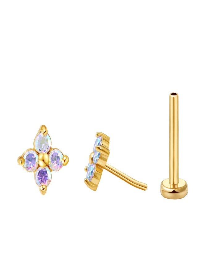 FANSING 20g Cartilage Earring 18k Gold-plated Tragus Stud 3mm CZ Stone Flower Flat Back Earrings for Helix Conch Threadless Push Pin Labret Stud Rainbow 20 Gauge 6mm - Image 1