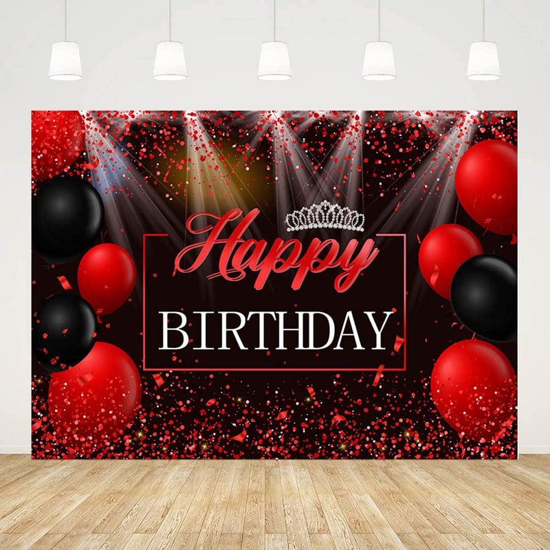 ABLIN 10x7ft Happy Birthday Backdrop Red and Black Balloons Silver Crown Photography Background Happy Birthday Party Decorations for Girls Cake Table Banner Photo Shoot Props