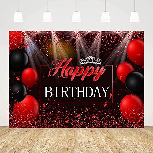 ABLIN 10x7ft Happy Birthday Backdrop Red and Black Balloons Silver Crown Photography Background Happy Birthday Party Decorations for Girls Cake Table Banner Photo Shoot Props - Image 1