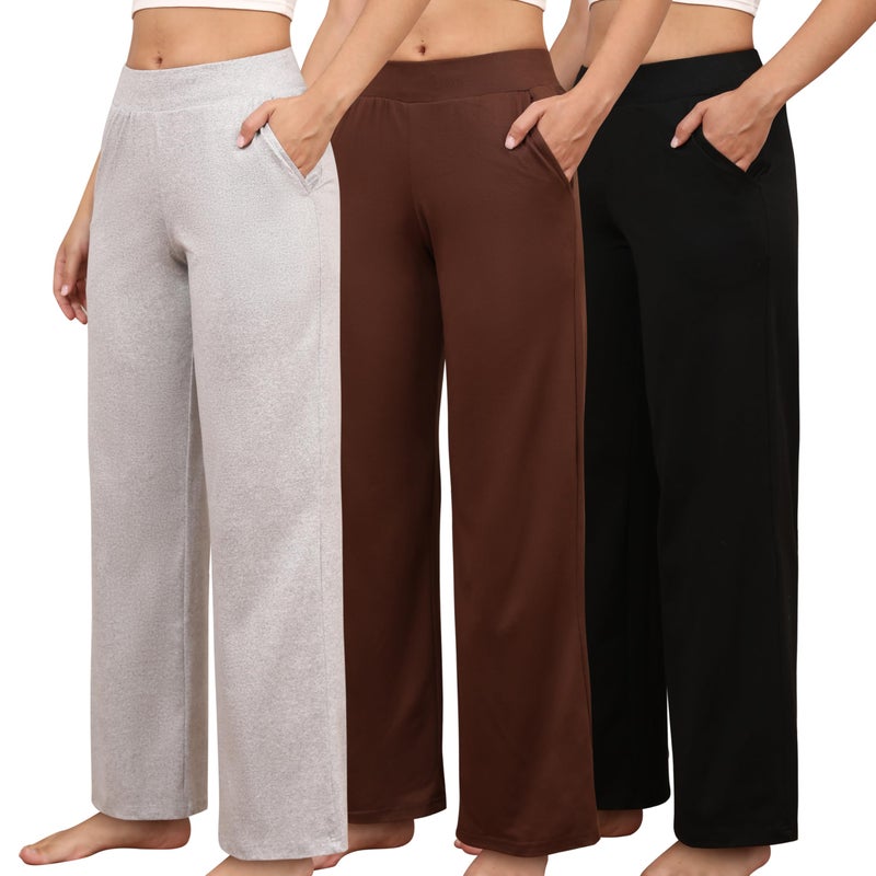 PNAEONG 3 Pack Women's Petite Sweatpants, Casual Wide Leg Pants Loose Fit Lounge Pants with Pocket, Black+Light Grey+Dark Brown,L - Image 1