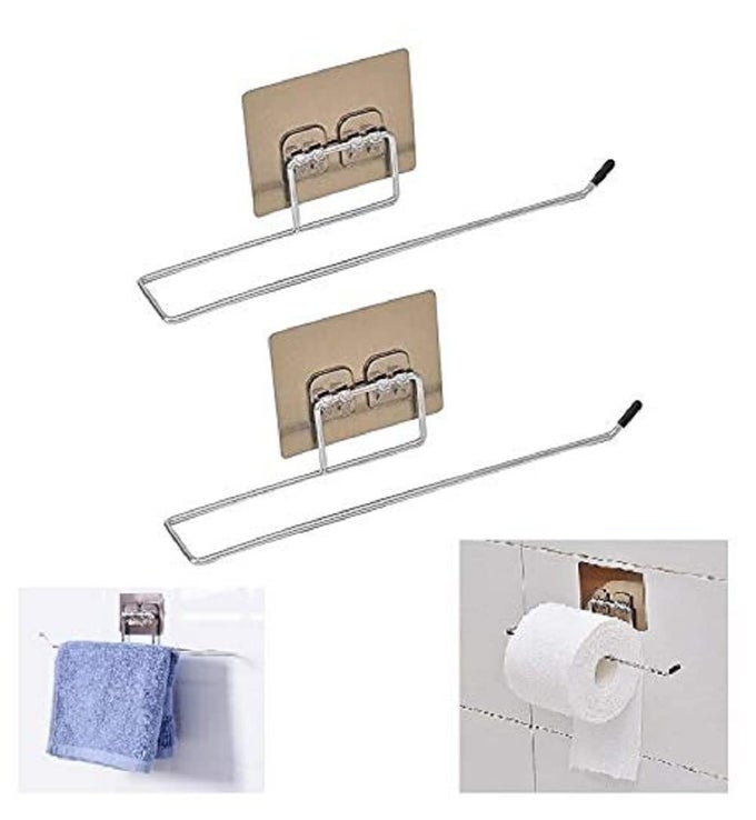 SELFADHESIVE TOILET ROLL HOLDER KITCHEN PAPER ROLL HOLDERS TOWEL TISSUE BAR STORAGE SHELVES WALL MAGIC STICKER DISPENSERS WITHOUT DRAINER KITCHEN ACCESSORIES TISSUE ROLL HOLDER SILVER PACK OF 2