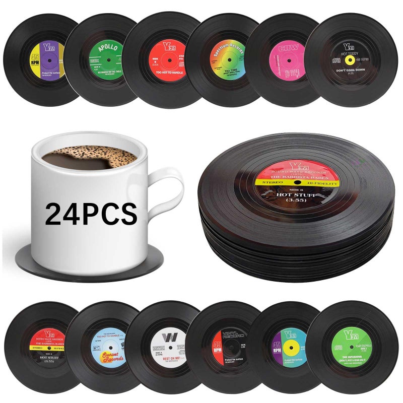 Anpuimult 24 PCS Fun Vintage Vinyl Record Coasters，Retro Vinyl Coasters for Drinks, Mini Vinyl Records Coasters 、Record Player Coasters are Suitable for Desktop Protection - Image 1