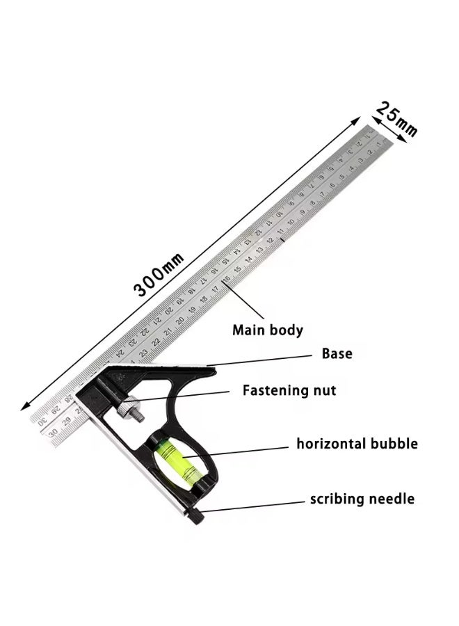 مسطرة زاوية قابلة للتعديل من الفولاذ المقاوم للصدأ بطول 300 مم أداة قياس دقيقة متعددة الاستخدامات للنجارة والبناء مسطرة زاوية متحركة ذات مستوى - Image 4