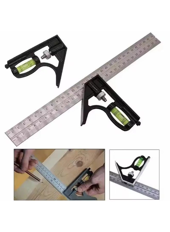 مسطرة زاوية قابلة للتعديل من الفولاذ المقاوم للصدأ بطول 300 مم أداة قياس دقيقة متعددة الاستخدامات للنجارة والبناء مسطرة زاوية متحركة ذات مستوى - Image 3