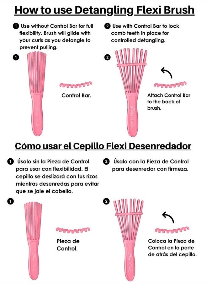 Pink Detangling Flexi Brush for Curly Hair, Flexible comb glides with curls to easily detangle, no pull or pain