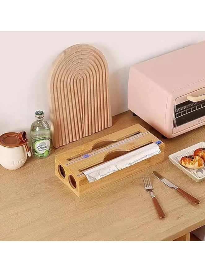 Spaceshoop 2-in-1 Bamboo Wooden Foil Dispenser with Cutter, Storage Organizer for Aluminum Foil, Cling Film, Parchment Paper, Tin Foil Dispenser for Kitchen Cabinet Drawer - Image 4