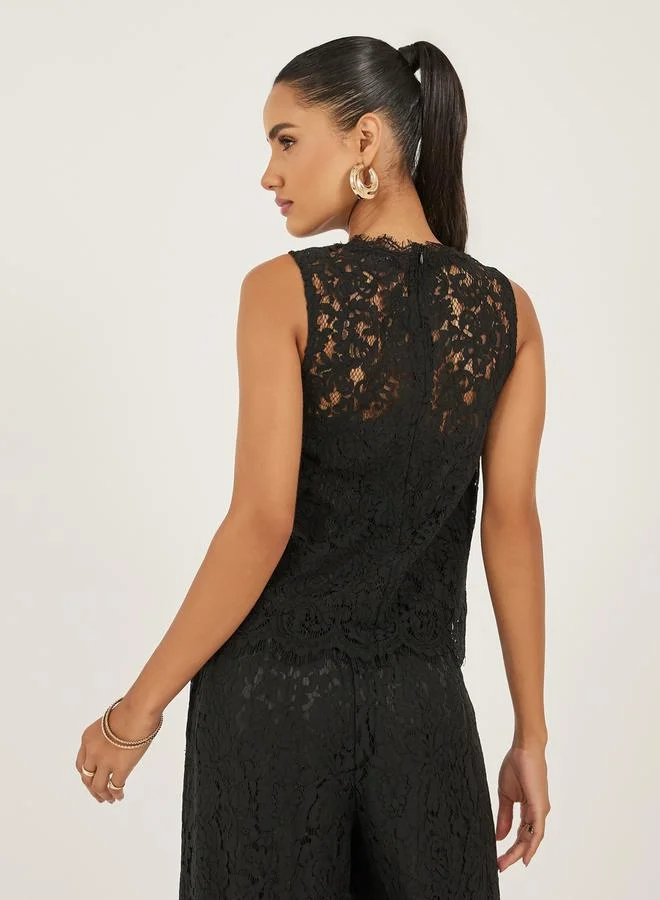 Styli Lace Illusion Neckline Sleeveless Top