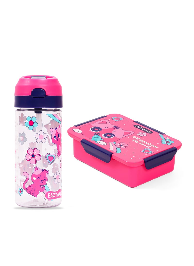 Eazy Kids Lunch Box And Tritan 2-In-1 Spray/Water Bottle Set - Cat, Pink, 420Ml  - Image 1