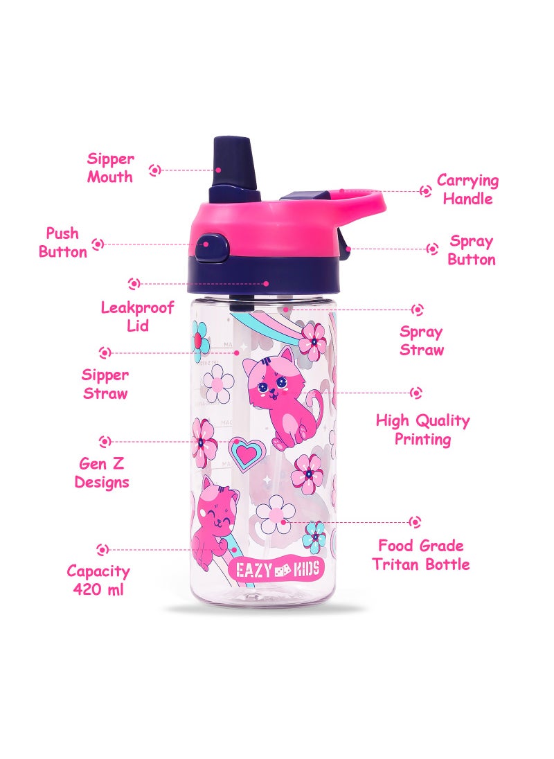 Lunch Box And Tritan 2-In-1 Spray/Water Bottle Set - Cat, Pink, 420Ml