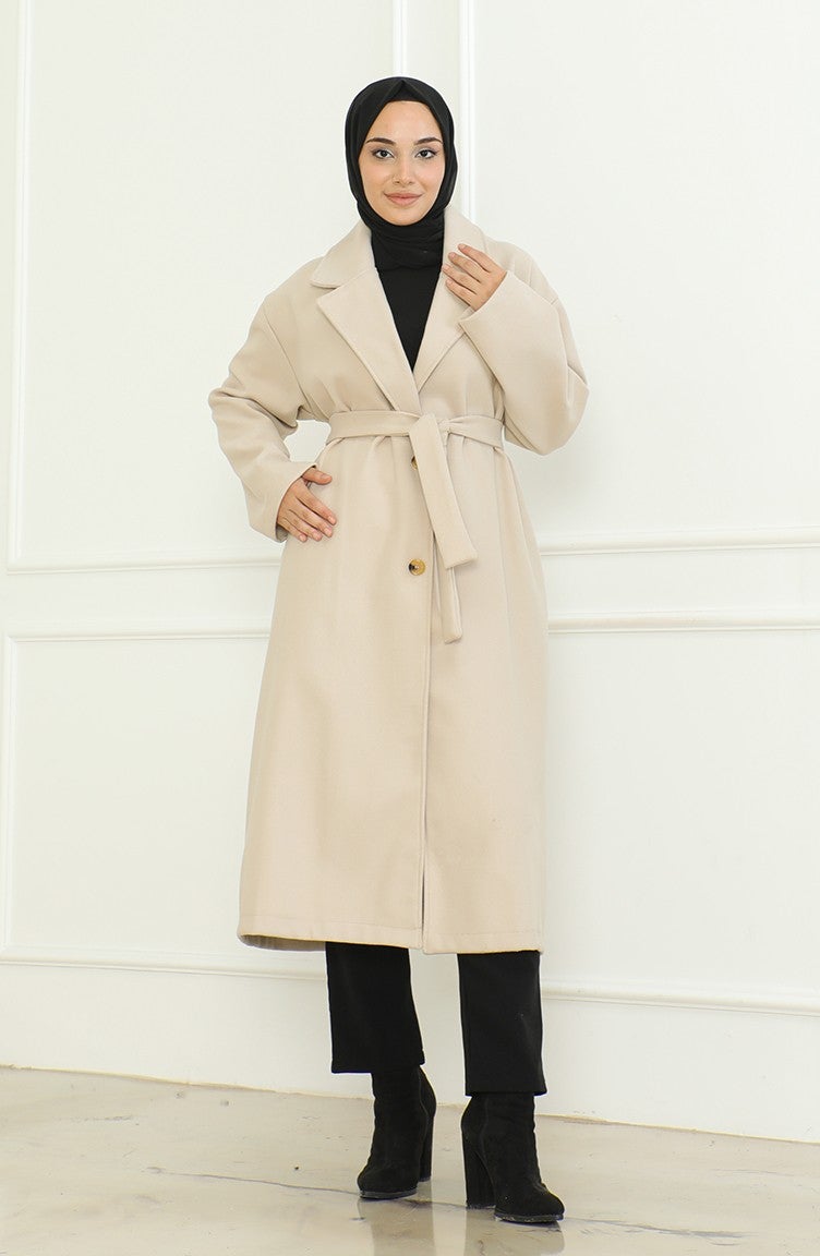 Sefa Merve Plus Size Double Breasted Single Button Coat 712510-02 Cream - Image 3