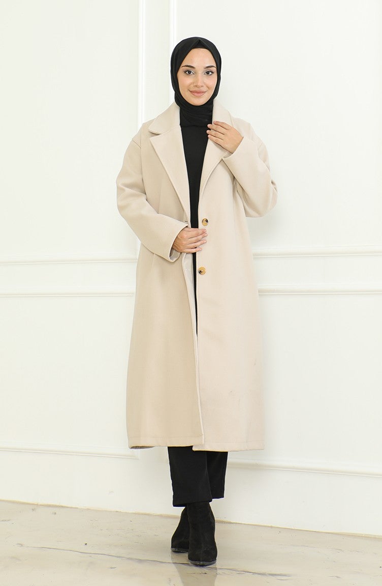 Sefa Merve Plus Size Double Breasted Single Button Coat 712510-02 Cream - Image 1