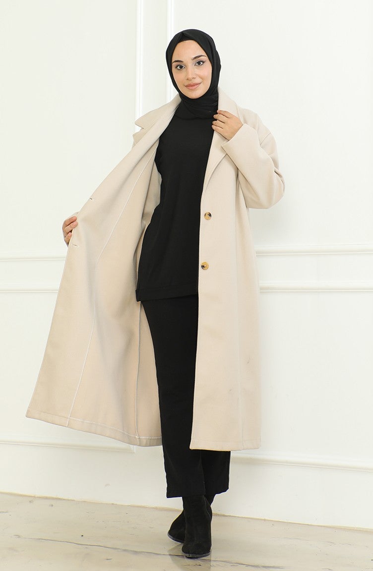 Sefa Merve Plus Size Double Breasted Single Button Coat 712510-02 Cream - Image 2