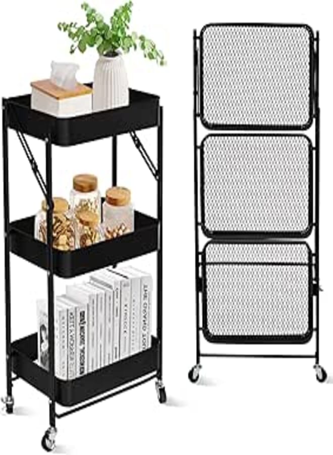 SKY-TOUCH 3 Tier Foldable Metal Rolling Utility Cart Organizer, Multipurpose Organizer Trolley With Casters For Kitchen, Bedroom, Bathroom, Office, Laundry Room And Garage Black^46X30X76cm