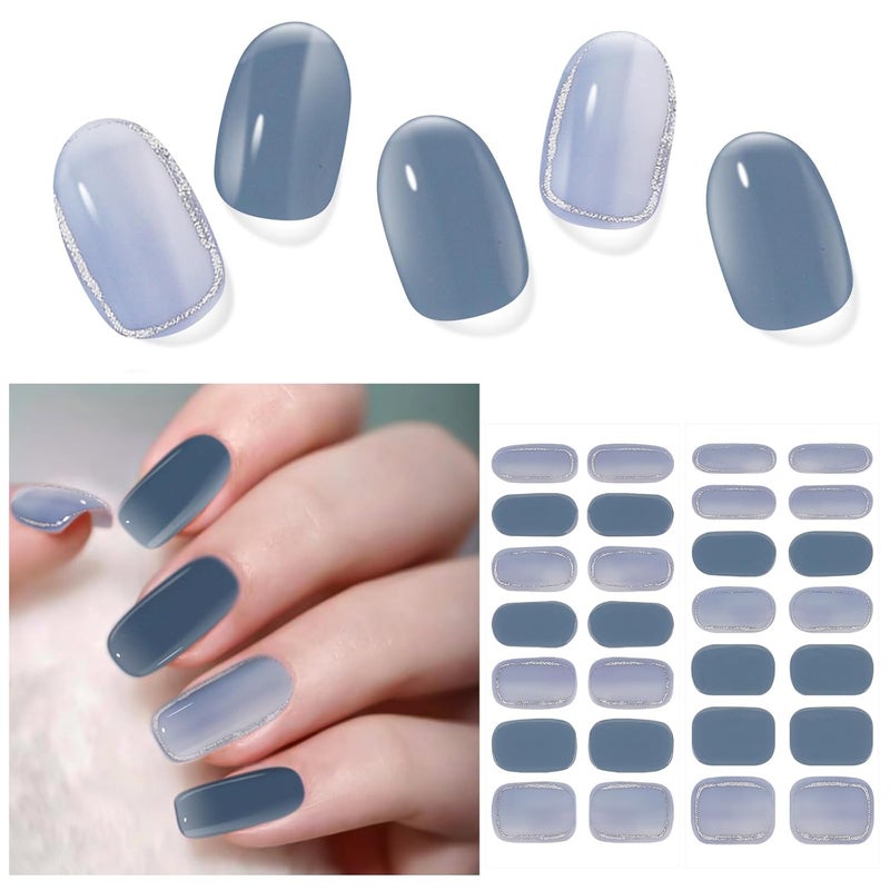 DUKASOU 28 قطعة شرائط أظافر جل شبه معالجة، مجموعة ملصقات أظافر جل تعمل مع أي مصابيح أظافر UV، لفات أظافر جل طويلة الأمد للنساء، تشمل وسادات التحضير، مبرد أظافر وعصا خشبية (أفق أزرق)