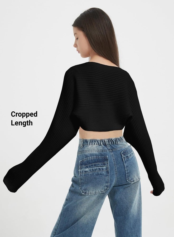 EXARUS Girls Open Front Cropped Half Cardigan Knit Ribbed Teen Bolero Shrug Batwing Long Sleeve Sweater Casual 8-14Y, Black, 10 Years - Image 2