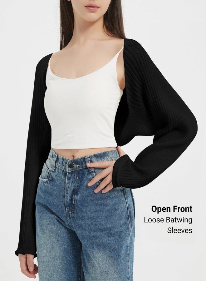 EXARUS Girls Open Front Cropped Half Cardigan Knit Ribbed Teen Bolero Shrug Batwing Long Sleeve Sweater Casual 8-14Y, Black, 10 Years - Image 3