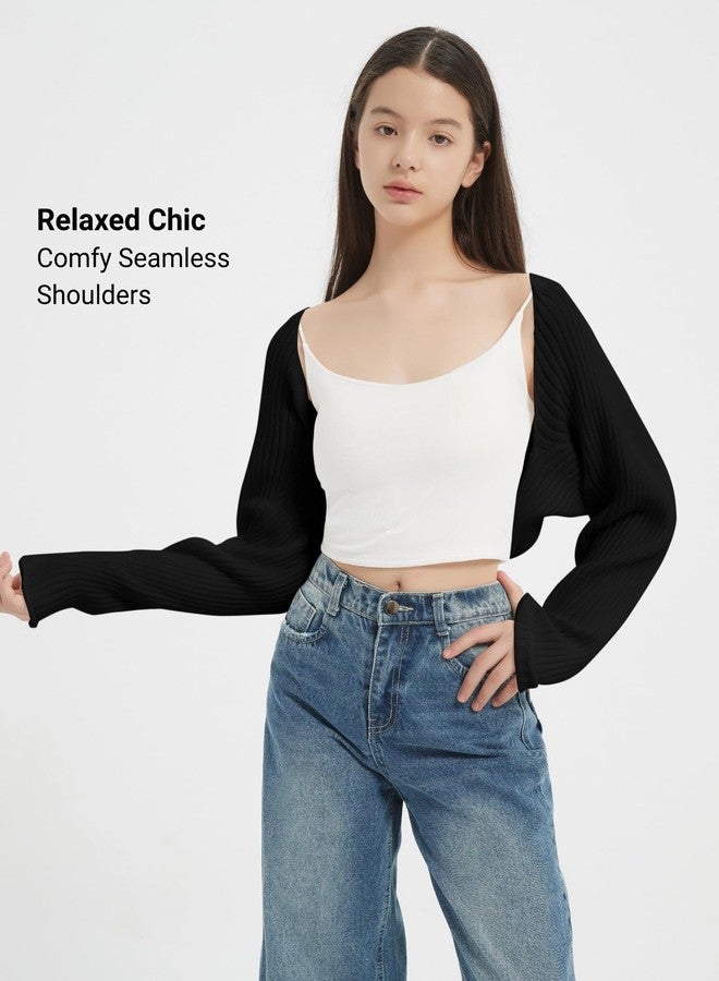 EXARUS Girls Open Front Cropped Half Cardigan Knit Ribbed Teen Bolero Shrug Batwing Long Sleeve Sweater Casual 8-14Y, Black, 10 Years - Image 5