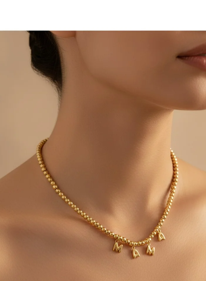 Sosha Elegance "Mama" Pendant Necklace with Beads – Stainless Steel, Elegant Gift for Everyone