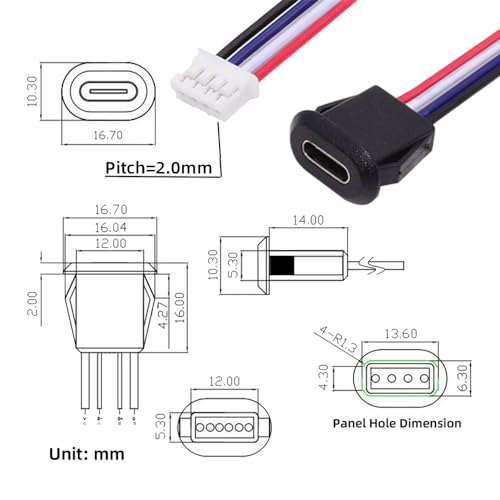 xiwai 5pcs/Set DIY OEM Type C Female Socket to 4Pin Header Cable Type-C to 4P Waterproof Terminal Wire with Pitch=2.0mm Latch Mount Type USB C Pigtail DC 5V Extension Power Cable - Image 3