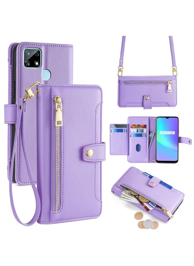 HuHa Case Cover For Realme C12 / Narzo 20 Sheep Texture Cross-body Zipper Wallet Leather Phone Case Purple 