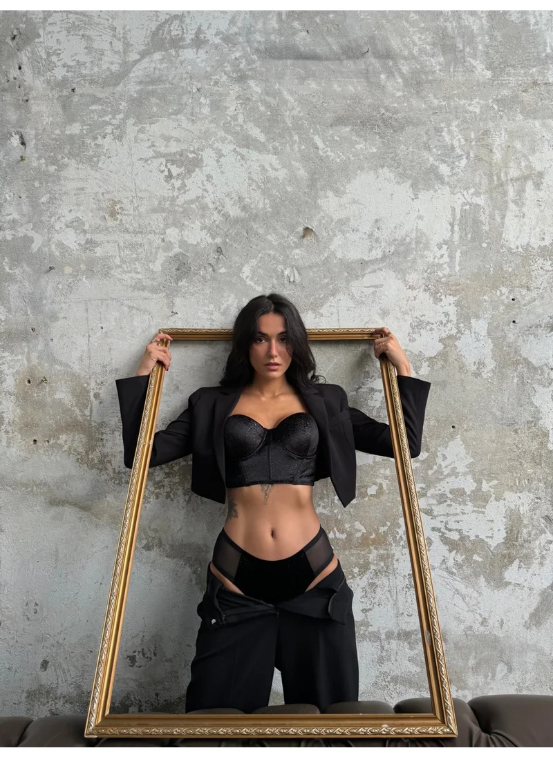 Cansoy Eros Velvet Black Bustier Set (648T)