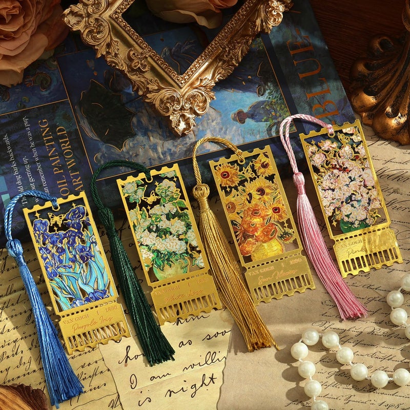emmoolife 4 Pieces Metal Bookmarks with Tassel, Golden Hollow Bookmark Monet Oil Painting Theme Book Mark Bookmarks for Book Lovers Writers Readers Children Teens for Women Teen Adults - Image 1