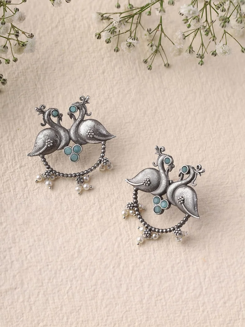 Priyaasi Oxidised Plated Tribal Peacock Stud Earrings