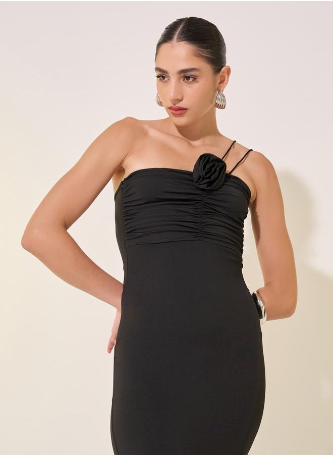 Take Two Solid Off Shoulder Flower Corsage Bodycon Maxi Dress  - Image 3