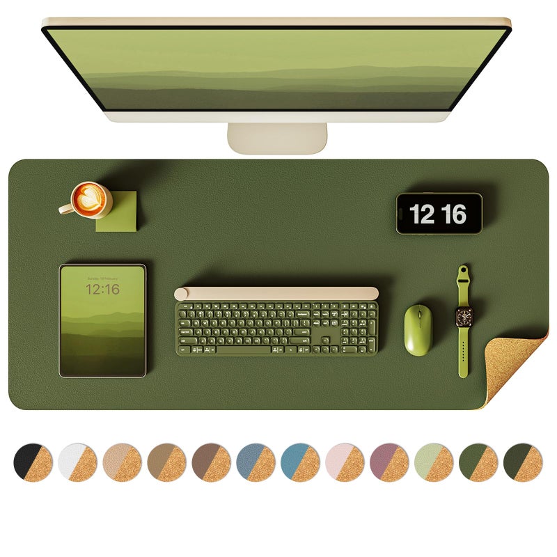 YSAGi Double-Sided Desk Mat, Eco Cork Desk Protector, Large Mouse Pad, Waterproof Blotter, Writing Pad for Office/Home (23.6"x13.7", Olive Green + Cork) - Image 1