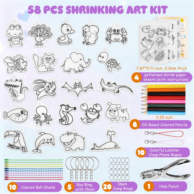 Esmorah 205PCS Shrink Dink Sheets Keychain Kit, Shrink Plastic Sheets with 10 Pre-Printed Shrinking Paper, 12 Colored Pencils, Scissors, Hole Punch & 181PCS Accessories for Kids Crafts, Back-to-School Gift - Image 2