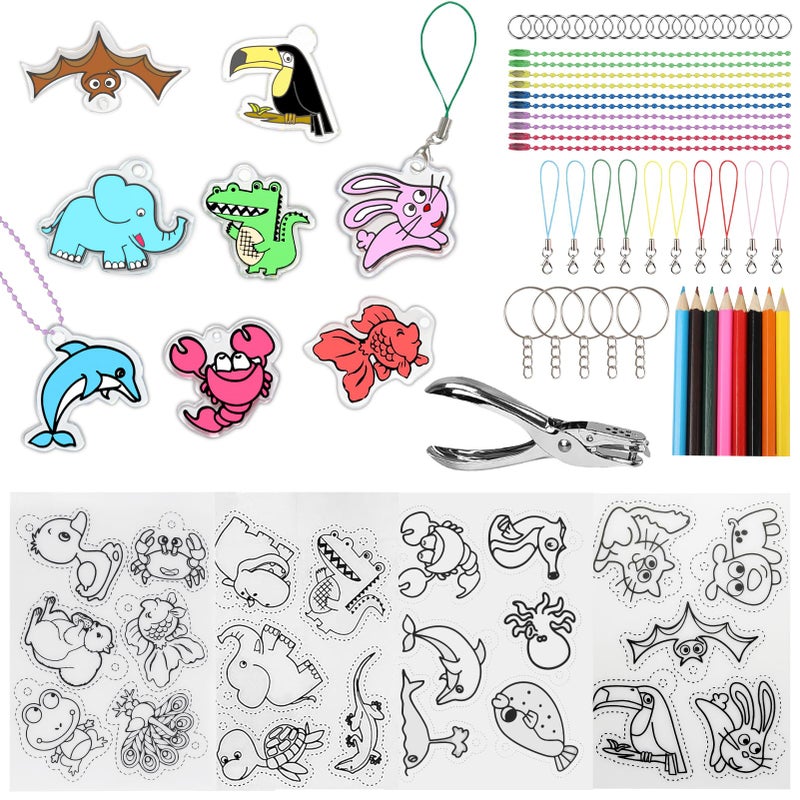 Esmorah 205PCS Shrink Dink Sheets Keychain Kit, Shrink Plastic Sheets with 10 Pre-Printed Shrinking Paper, 12 Colored Pencils, Scissors, Hole Punch & 181PCS Accessories for Kids Crafts, Back-to-School Gift - Image 1