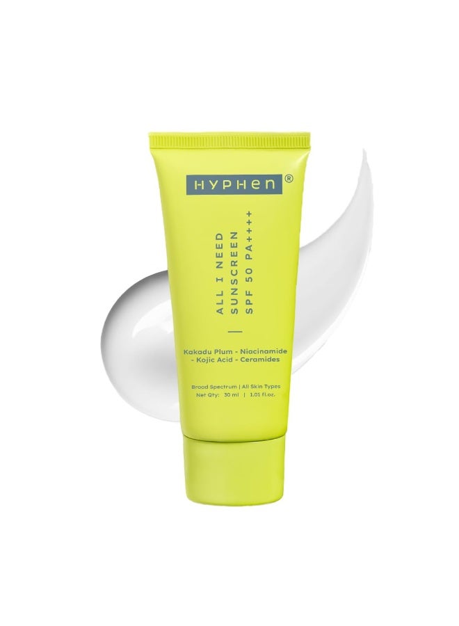 Hyphen All I Need Sunscreen SPF50 PA++++ | Brightens with Niacinamide, Kojic Acid, Vit C Rich Kakadu Plum | Hydrating Winter Sunscreen Moisturizer |Lightweight Non-Greasy UVA/B Protection | Oily, Dry, All Skin Types | For Women & Men -30ml - Image 1