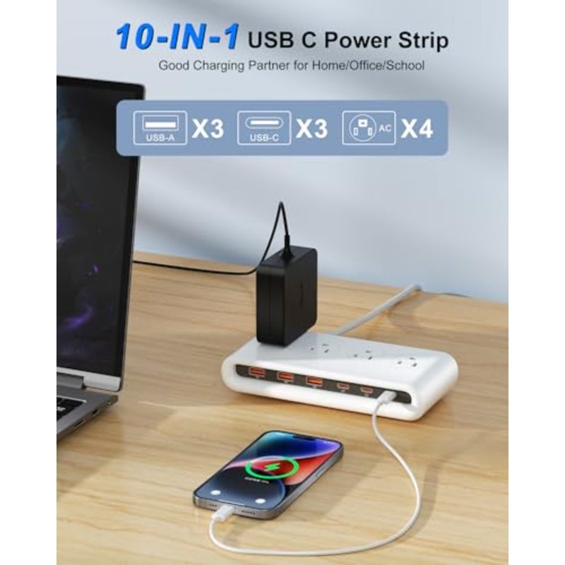 Power Strip with USB C 35W, 10-in-1 Flat Plug Wall Charger - 5Feet Extension Cord with 4AC, 3 USB A and 3 USB C - PD20W Charging Station for Multiple Devices - Travel Home Office - Image 3