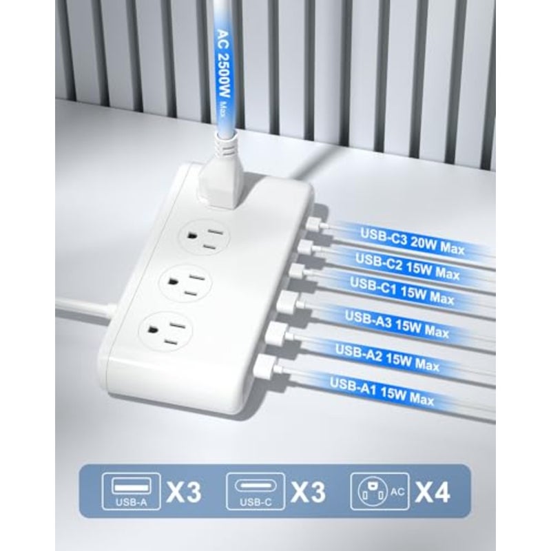 Power Strip with USB C 35W, 10-in-1 Flat Plug Wall Charger - 5Feet Extension Cord with 4AC, 3 USB A and 3 USB C - PD20W Charging Station for Multiple Devices - Travel Home Office - Image 2
