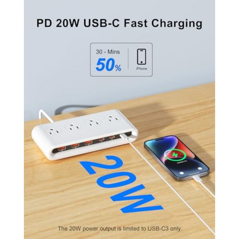 Power Strip with USB C 35W, 10-in-1 Flat Plug Wall Charger - 5Feet Extension Cord with 4AC, 3 USB A and 3 USB C - PD20W Charging Station for Multiple Devices - Travel Home Office - Image 4