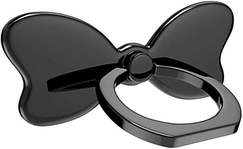 KolorFish Bow Shape Metal Mobile Phone Finger Ring Stability Holder Back Stand Collapsible Hand Grip Kickstand 360 for All Phones (Black) - Image 1