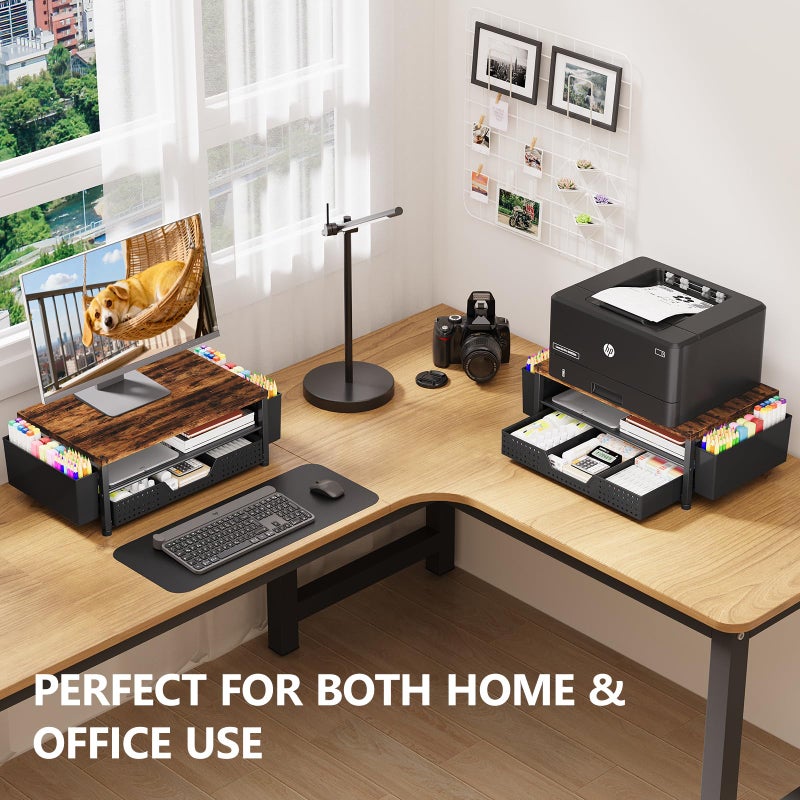 OPNICE Wood Desk Organizers and Accessories, 2-Tier Computer Monitor Stand Riser with Drawer and 2 Pen Holders, Laptop Stand, Office Desk Accessories for Office Supplies, Brown - Image 3